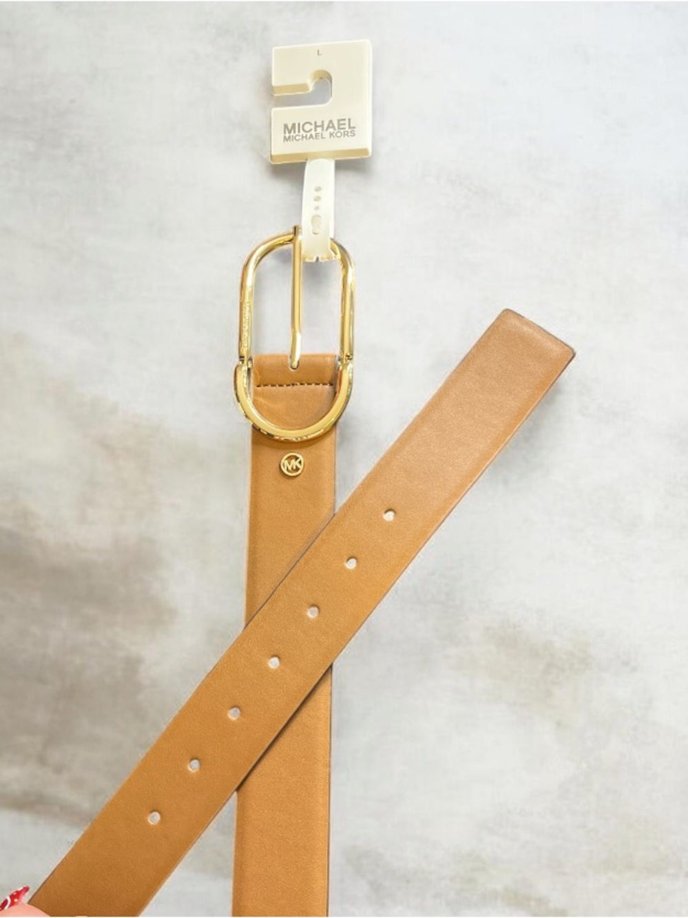 MICHAEL Michael Kors Camel Leather Belt with Gold Buckle